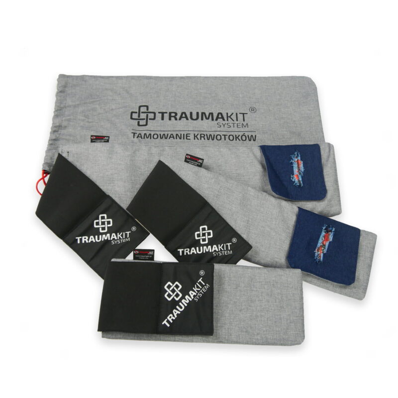 ZESTAW: TRAUMA KIT Trenażer do zakładania opaski zaciskowej T3 (Train the Tourniquet) z raną - rozm. L+M+S w pokrowcu