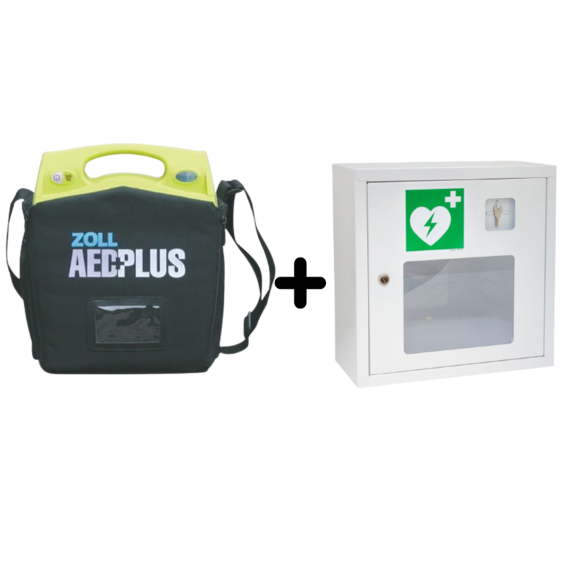 Defibrylator Zoll AED Plus z torbą transportową, bateriami, elektrodą CPR-D i szafką metalową białą