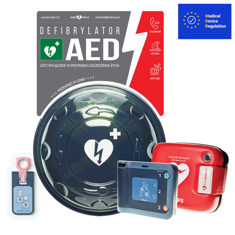 ZESTAW: Defibrylator AED Philips FRx Standard w torbie + Kapsuła Rotaid zewnętrzna Transparent Green z alarmem + Tablica AED zewnętrzna do kapsuły Rotaid + Klucz pediatryczny Philips FRx