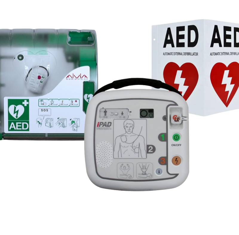ZESTAW: Defibrylator AED IPAD SP 1 z szafką aivia 200 + tablica z oznaczeniem AED